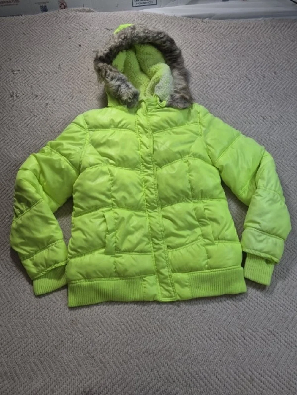 Justice Neon Green Puffer Jacket with Faux Fur Hood